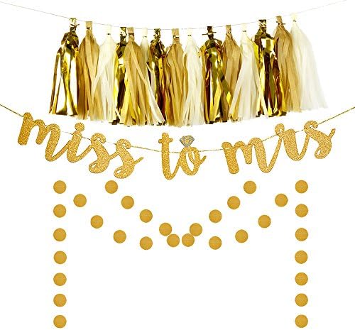 Miss to Mrs Banner Tassel Dot Garland Kit for Bridal Shower Bachelorette Party Decoration Supplies Gold Glitter Brown White