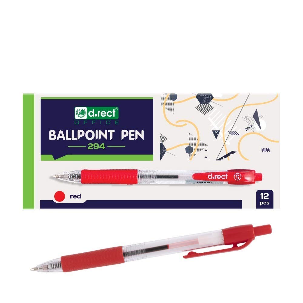 D.RECT 294 Ballpoint Pen with Ergonomic Rubberised Grip for Office and Household Line Width 0.7 mm Pack of 12 Red
