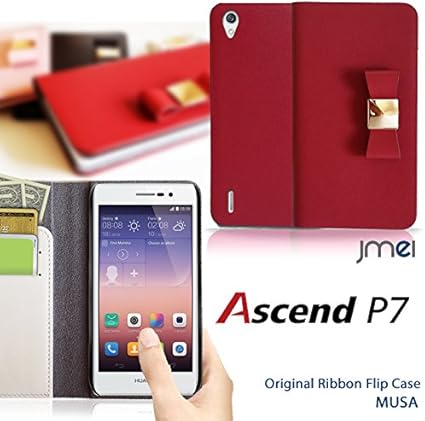 Amazon Ascend P7 Huawei Aeon Mobile 対応 本革 手帳型 レザー リボンフリップケース Musa ムーサ レッド アセンド ファーウェイ イオンモバイル スマホ カバー スマホケース 携帯カバー Microusb ケーブル 充電器 対応 落下防止 首かけ ストラップ ホール 付き