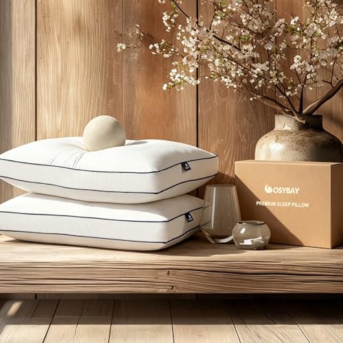 Cosybay Goose Feather and Down Pillows Queen Size Set of 2, Luxury Hotel Collection Bed Pillows for Sleeping, 600 Thread Count Cover, Gusseted Design, Medium Firm, Soft Support, White, 20x30 Inch