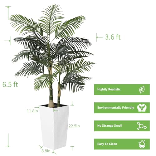 PHYTREE Artificial Palm Tree 6ft - Fake Palm Tree with White Tall Planter - Faux Plants with Realistic Trunk and Palm Leaves for Indoor Home Office Decor