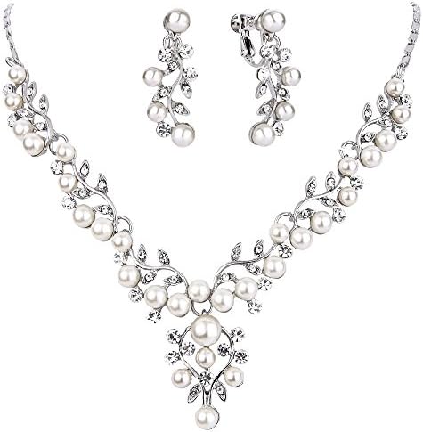 Flyonce Women's Austrian Crystal Cream Simulated Pearl Bridal Floral Leaf Necklace Earrings Set Clear Silver-Tone