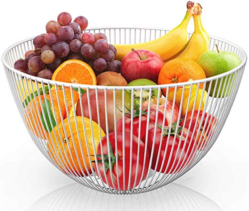 DMAR White Fruit Basket 25 x 14 cm Round Cream Fruit Basket with Cable Original Metal Fruit Basket
