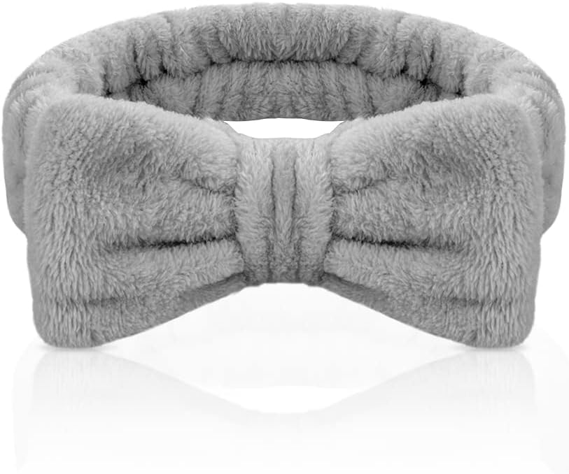 Aomig Spa Headbands for Women Grey Fluffy Bowknot Hair Band Microfiber Elastic
