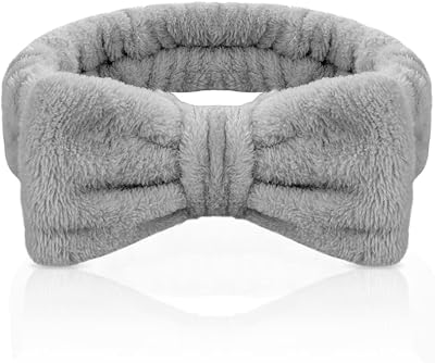 Aomig Spa Headbands for Women Grey Fluffy Bowknot Hair Band Microfiber Elastic