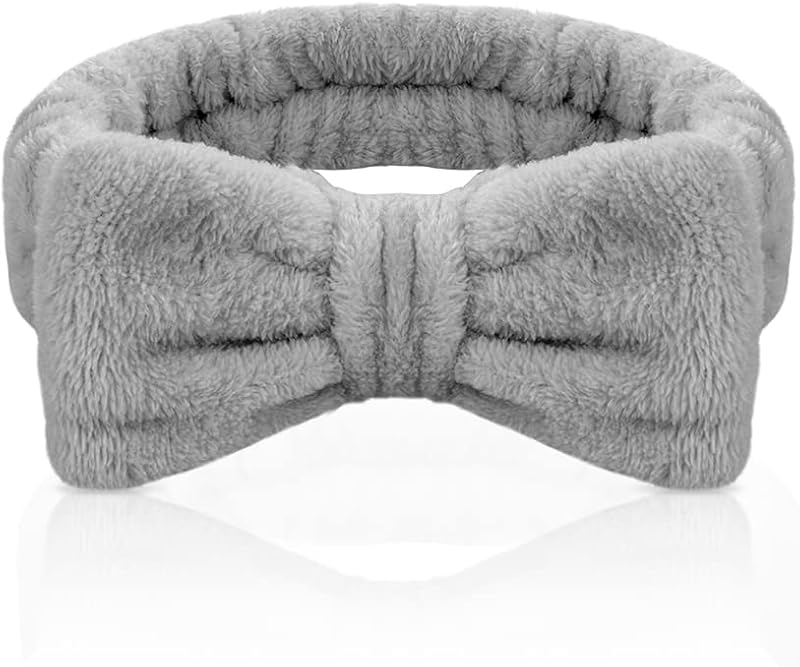 Aomig Spa Headbands for Women Grey Fluffy Bowknot Hair Band Microfiber Elastic