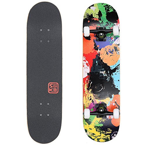 VOKUL 31" X 8" Complete Standard Skateboard Cruiser with 7 Layer Maple Wood Skateboard Deck for Kids Youths Adults (Paint)