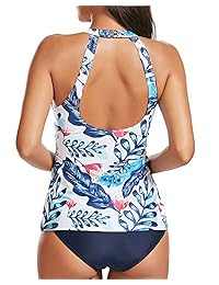 Holipick - Conjunto de tankini de dos piezas para mujer con estampado floral y cuello alto sin espalda, tallas grandes