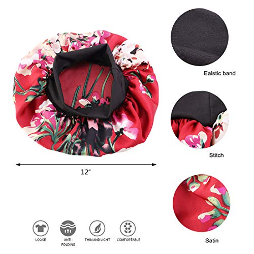 Satin Bonnet Sleeping Cap Women Wide Elastic Band for Curly Long Hair 2pcs (Black+Wine Red)