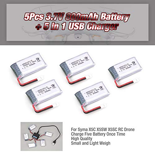 Water-chestnut 5Pcs 3.7V 800mAh Battery + 5 in 1 USB Charger for Syma X5 X5C X5SW X5SC MJX X705C SG600 RC Drone Quadcopter Spare Battery Part