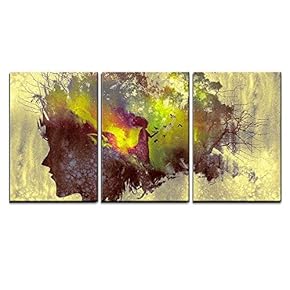 3 Piece Canvas Wall Art - Painting of Double Exposure Concept with Lady Portrait Silhouette and Woman in Forest - Modern Home Art Stretched and Framed Ready to Hang - 16"x24"x3 Panels