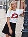Women's Sequined Sparkely Glittery Lip Print T Shirt Cute Embroidery Teen Girls Tops (S,White)