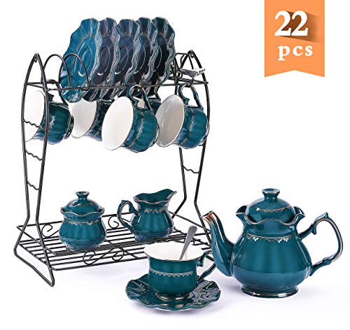 22-Piece Porcelain Ceramic Tea Gift Set with Metal Holder, Coffee Service Set with Cups, Saucers, Teapot, Sugar Bowl, Creamer and Teaspoons.