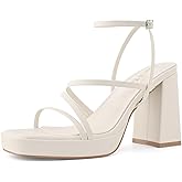 Shoe'N Tale Platform Heels for Women Strappy Block Chunky Heels Square Toe Ankle Buckle Sandals