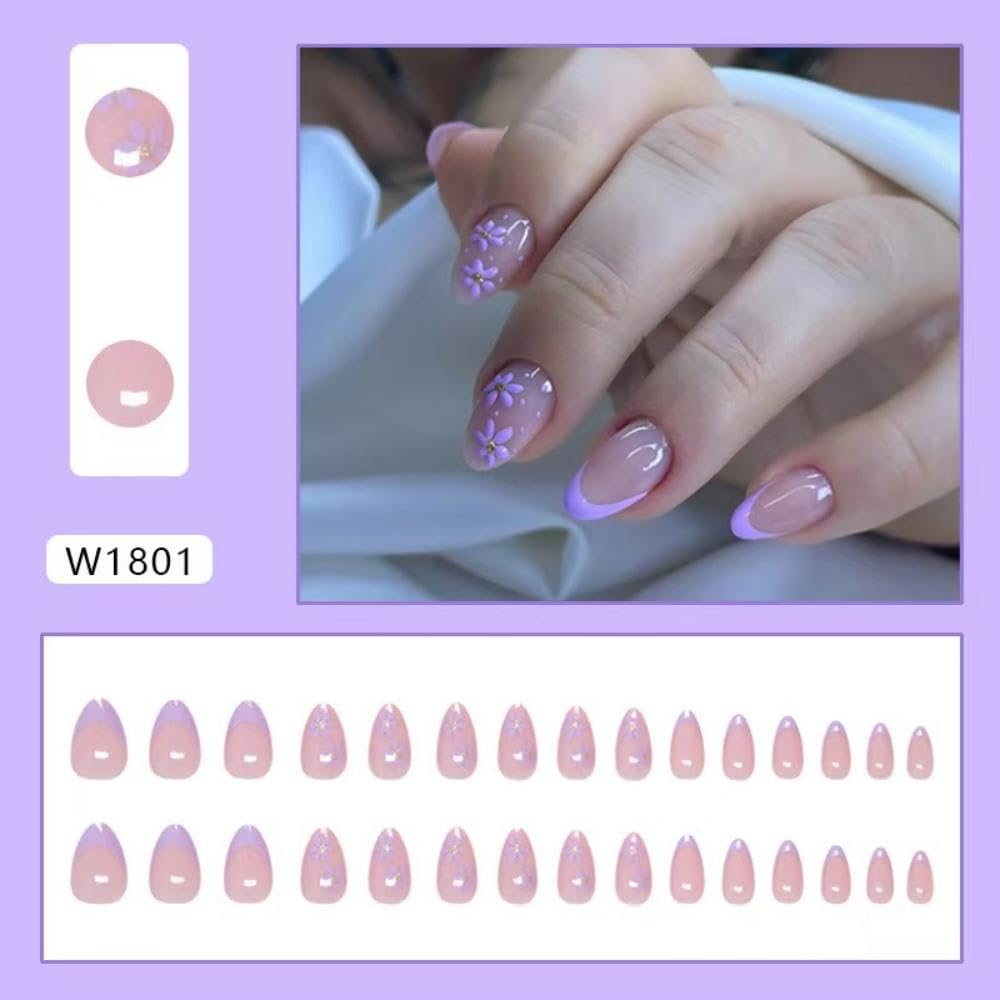 Purple French Tip Press on Nails Flower Fake Nails Short Almond False Nails with Design Nude Glue on Nails Glossy Artificial Acrylic Full Cover Lilac Floral Stick on Nails for Women Manicure 24Pcs - Image 5