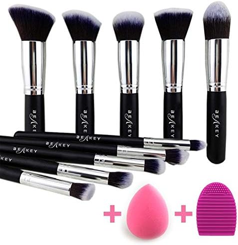 BEAKEY Makeup Brush Set, Premium Synthetic Kabuki Foundation Face Powder Blush Eyeshadow Brushes Makeup Brush Kit with Blender Sponge and Brush Cleaner (10+2pcs, Black/Silver)