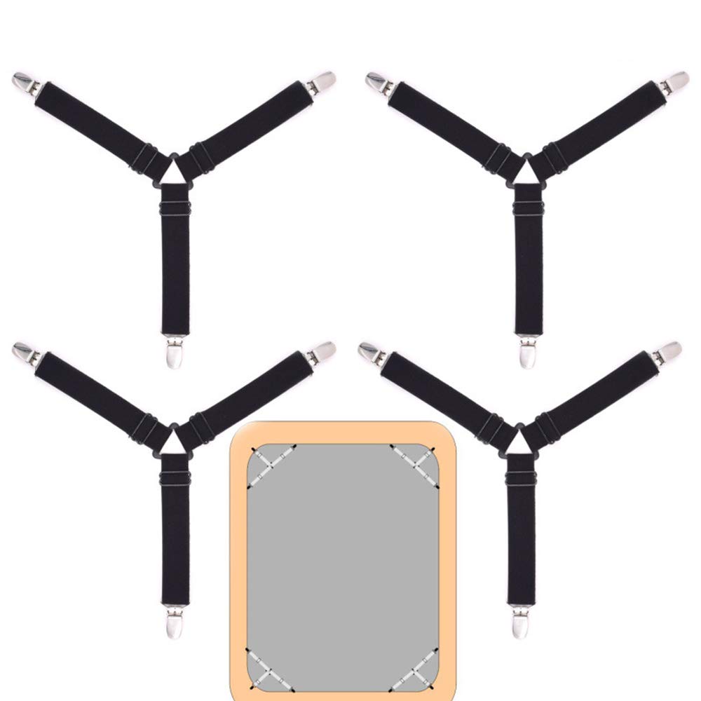 JIAN YA NA 4pcs Triangle Bed Sheet Clips 3-Way Adjustable Elastic Fasteners Grippers Braces Metal Clips Sheet Mattress Corner Straps Ideal For Ironing Board Covers (Black)