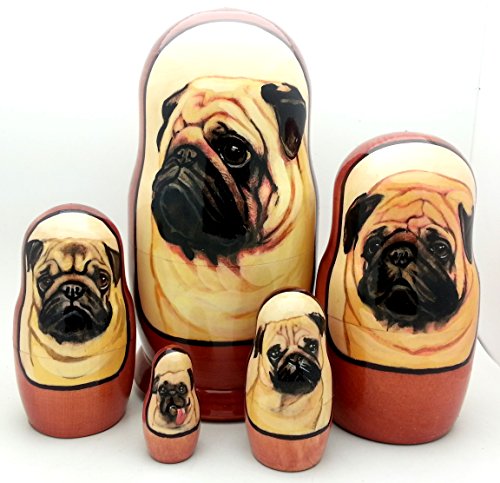 Pug nesting dolls Russian Hand Crafted 5 piece matryoshka dog Set / 7"H