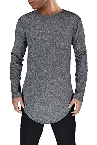 Moomphya Mens Extend Long Tail Hipster Hip Hop Streetwear T Shirts Curve Hem Long Sleeve Slim Longline T-Shirt,Black1,XX-Large