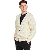 Aran Woollen Mills Men's Irish Cable Knit Cardigan Sweater, 100% Soft Merino Wool, V-Neck Buttoned with Pockets, Clare Island