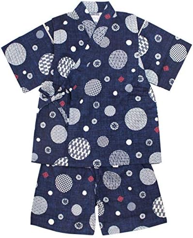 甚平 男の子 キッズ 子供 綿100 日本製生地 スーツ上下 祭 子供甚平 和柄水玉 紺 9378 100cm