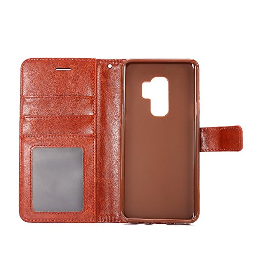 Samsung Galaxy S9 Plus Case, HLCT PU Leather Case, with Soft TPU Protective Bumper, Built-in Kickstand, Cash and Card Pockets (Brown)
