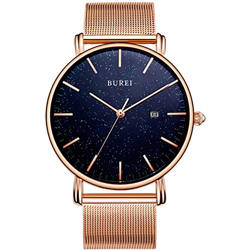 BUREI Men's Fashion Minimalist Wrist Watch Analog Date with Stainless Steel Mesh Band