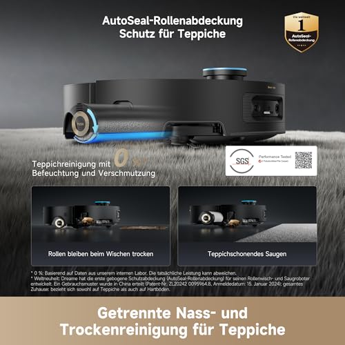Aqua10 Ultra Roller Complete Saugroboter mit Wischfunktion, 30.000Pa Saugkraft, 8 cm Hindernisfreiheit, Selbstreinigung der Rollen, automatisches Entleeren, intelligente Sprachsteuerung Schwarz