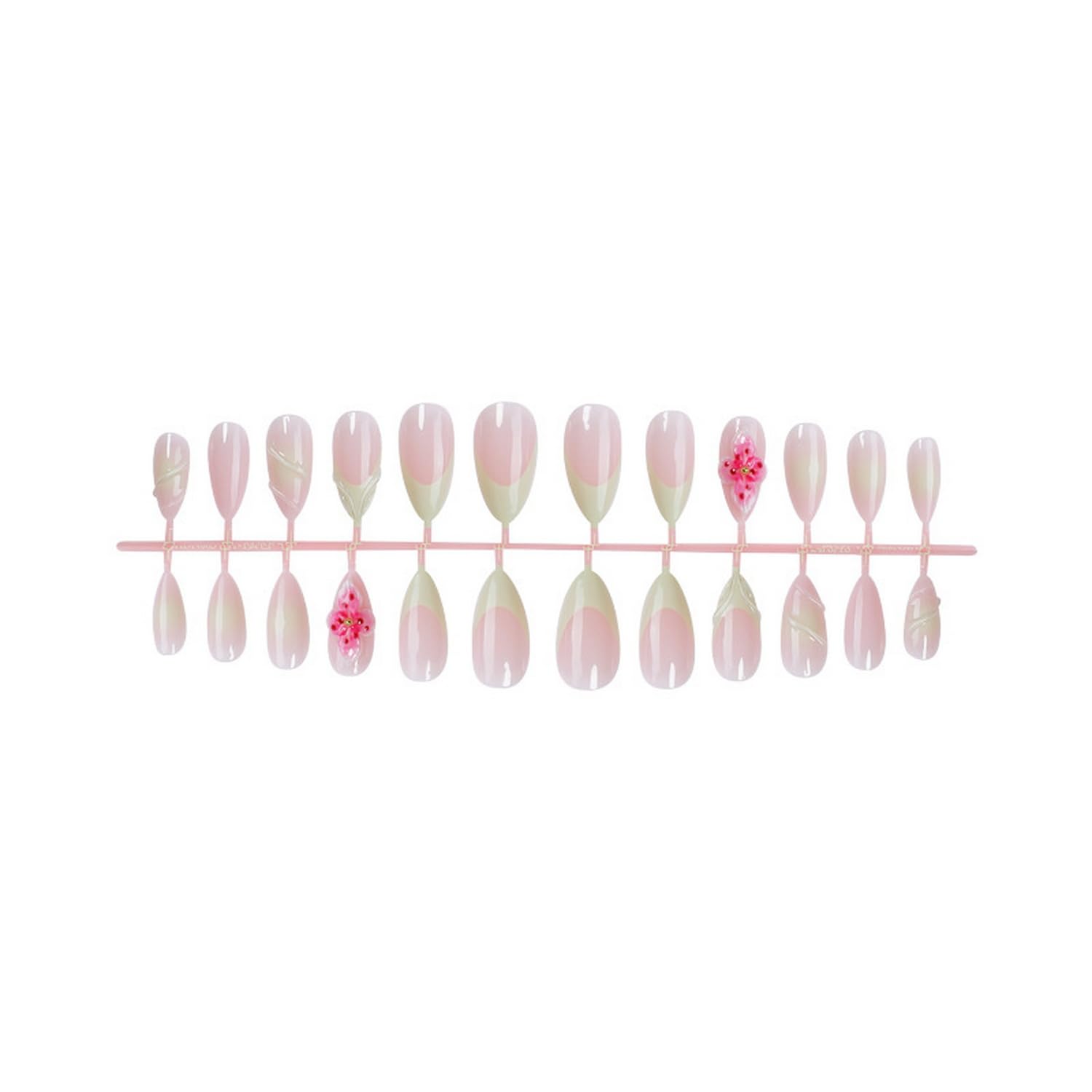 Summer Press on Nails Almond Fake Nails Full Cover Acrylic Nail Kit 3D Flower Charms Nails with designs French Tip Press ons Glossy Glue on Nails Pink False Nails for Women Beach Nails Decor24pcs - Image 5