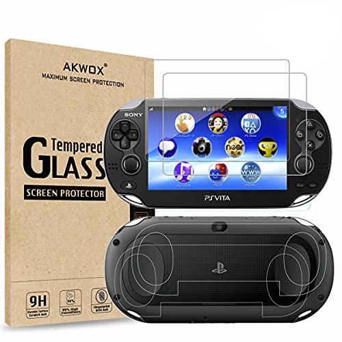 (4-Pack) 2 Front+2 Back Covers Screen Protectors for Sony PlayStation Vita 1000, Akwox 9H Tempered Glass Front Screen Protector and HD Clear PET Back Screen Protective Film for PS Vita PSV 1000