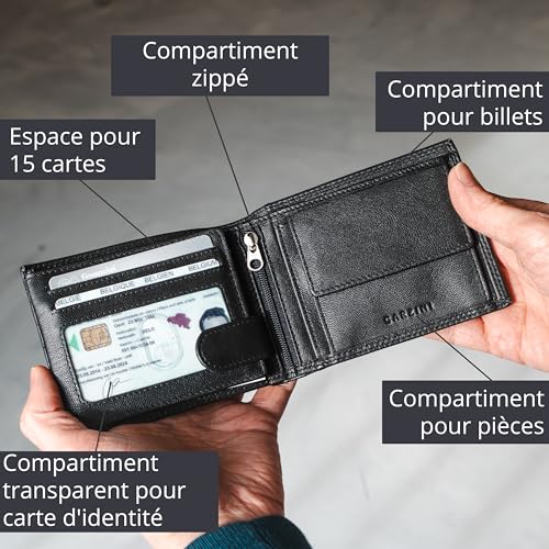 Garzini - Men's Leather Wallet - Classic Coin Purse - 15 Cards and Money Pocket - RFID Protection Card Holder - Men's Gift with Gift Box - Black