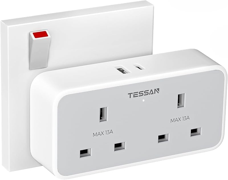 TESSAN Double Plug UK Adapter 2 AC Sockets 2 USB Ports 13A Surge Protected Wall