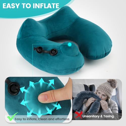 denoukin Inflatable Neck Pillow for Travel with Built-in Pump, Ergonomic Contour Support, Soft Plush Cover & Carry Pouch, Compact for Airplane, Car, Train Sleeping, Lake Blue