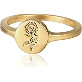 YeGieonr 18K Gold Plated Sterling Silver Rings for Women, Handmade Engraved Sunflower Flower Signet Rings Minimalistic Statement Ring, Delicate Jewelry Gift for Women/Girls