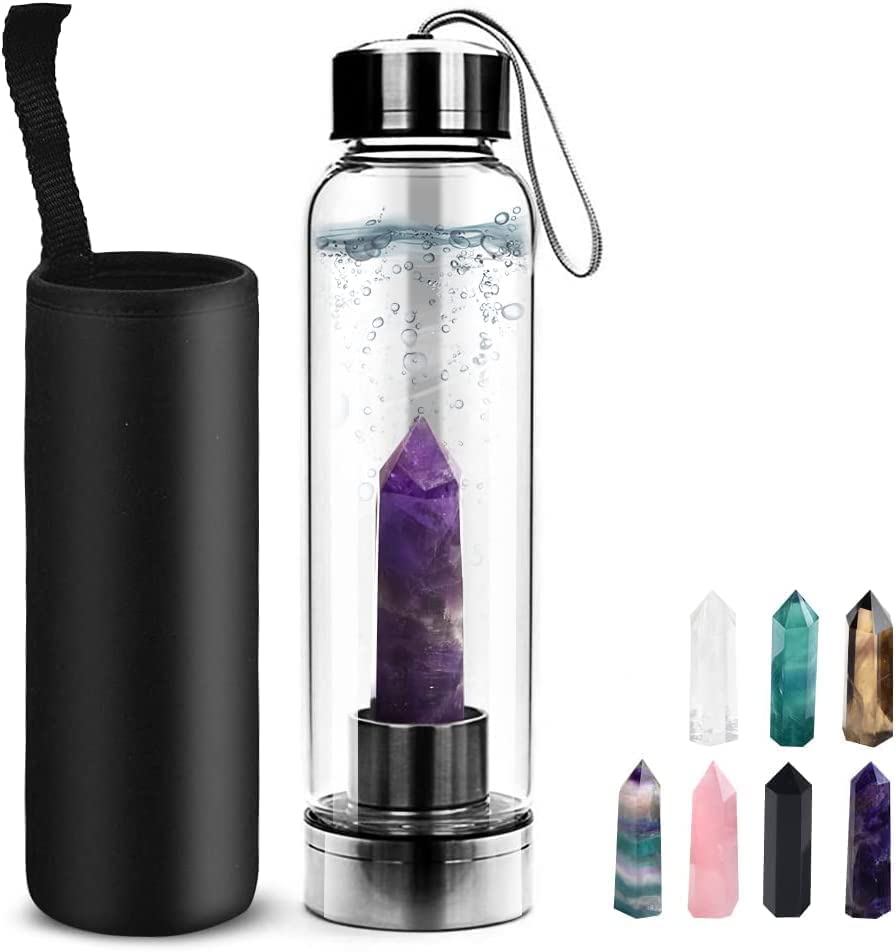 HINATAA Crystal Water Bottle, Removable Natural Crystal Gemstone Glass Bottle, Portable Proof Leak Natural Quartz 550ml (Amethyst)