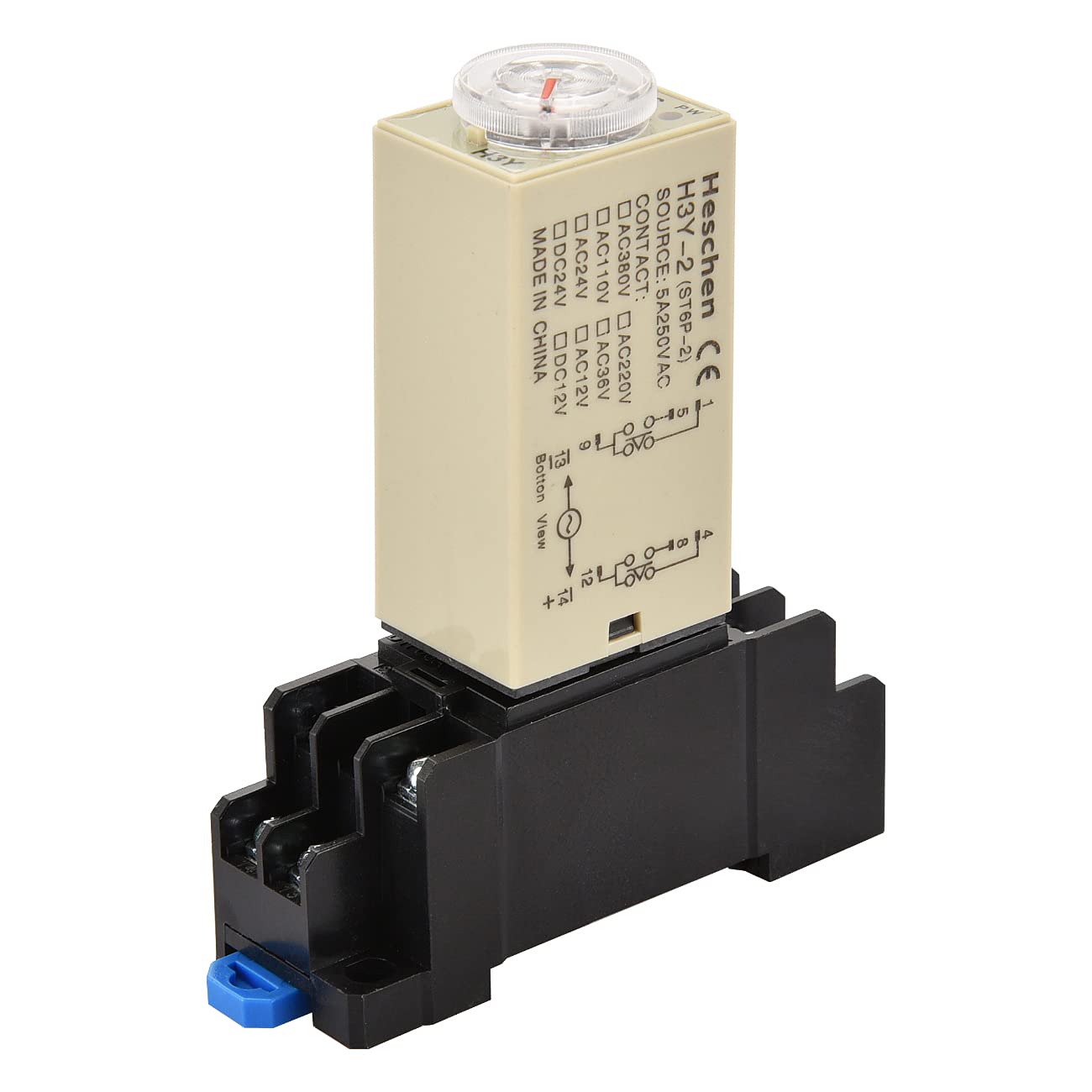 Heschen Timer Delay Relay H3Y-2 220VAC 5 Seconds 250VAC 5A 8Pin terminal DPDT with DYF08 35mm DIN Rail Socket Base