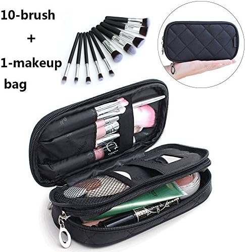 Makeup Brush Bag with 10PCS makeup Brush Kit, 2-layer Portable Travel Cosmetic Bag with Premium Makeup Brush Set,Profession Makeup Bag with Mirror for Women (Makeup Bag+Makeup Brush)