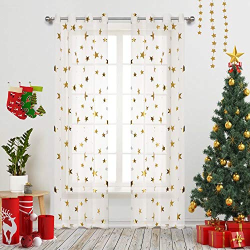 Home Fashion Sheer Curtains Grommets Top Romantic Gold Star Foil Print Window Treatment for Girl Bedroom Glitter Stars Thin and Soft Curtains Panel for Kids Room 54" Wide by 84" Long Set of 2