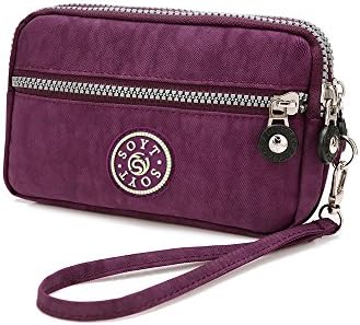 Dual Layers Zipper Purse Waterproof Nylon Wristlet Bag Clutch Handbag Cell Phone Pouch (Purple)