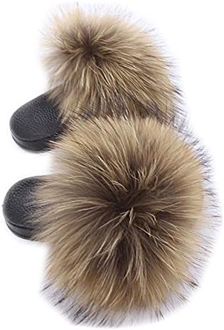 qmfur Girls Flip Flop Slide Slipper with Fox Fur Upper