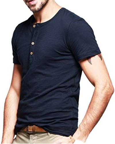 Kuegou Mens Cotton T-Shirts Henley Shirts