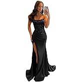Mermaid Corset Prom Dresses Satin Strapless Sequin Sparkly Formal Evening Party Gowns with Slit