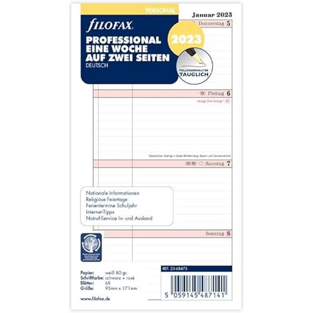 Filofax Personal Professional 1 Week on 2 Pages (German) 2023, 23-68475, White/Pink