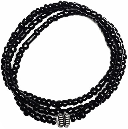 Perepaix RAVE Mens Bracelet 3 Wraps Black Seed Beads on Elastic and Double Silver Charm