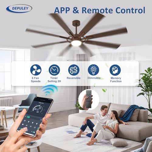 Depuley Large Ceiling Fans with Lights: Modern 72 Inch 8 Blade Outdoor Ceiling Fan with Remote APP Control - Dimmable Brown Big Fan Light Indoor Reversible 6 Speed Quiet DC Motor
