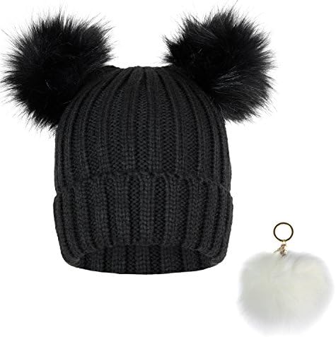 Trendy Cuff Winter Chunky Knit Beanie Hat with Double Faux Fur Pom Pom Bear Ears & Key Chain (Black)