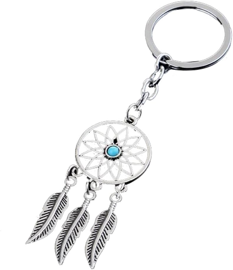 Nikgic Bohemian Style Alloy Keychain Dream Catcher Feather Tassel Pendant Keyrings for Women Men Purse Handbag Car Phone Accessories 6*2.5CM Silver