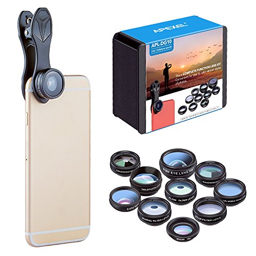 Apexel 10 in 1 Cell Phone Camera Lens Kit. Kit includes Wide Angle Lens & Macro Lens + Fish eye Lens+ Telephoto Lens + CPL/Flow/Radial/Star Filter + Kaleidoscope 3/6 Lens for iPhone, Samsung, Sony