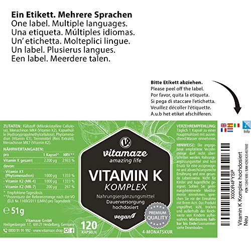 Vitamin K Komplex hochdosiert & vegan, K1 1.000 mcg + K2 Menaquinon (1.000 mcg MK4 + 200 mcg MK7), 120 Kapseln für 4 Monate, beste Bioverfügbarkeit, Made in Germany – Bild 8