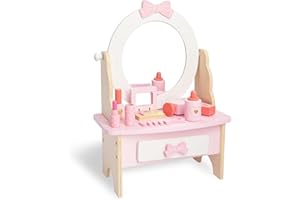WOODENFUN Wooden Vanity Set for Kids, Pretend Play Toddler Makeup Vanity Table Toys with 360° Rotatable Mirror, Beauty Salon Set Includes Makeup Accessories, Little Girls Gift Age 3+ (White)